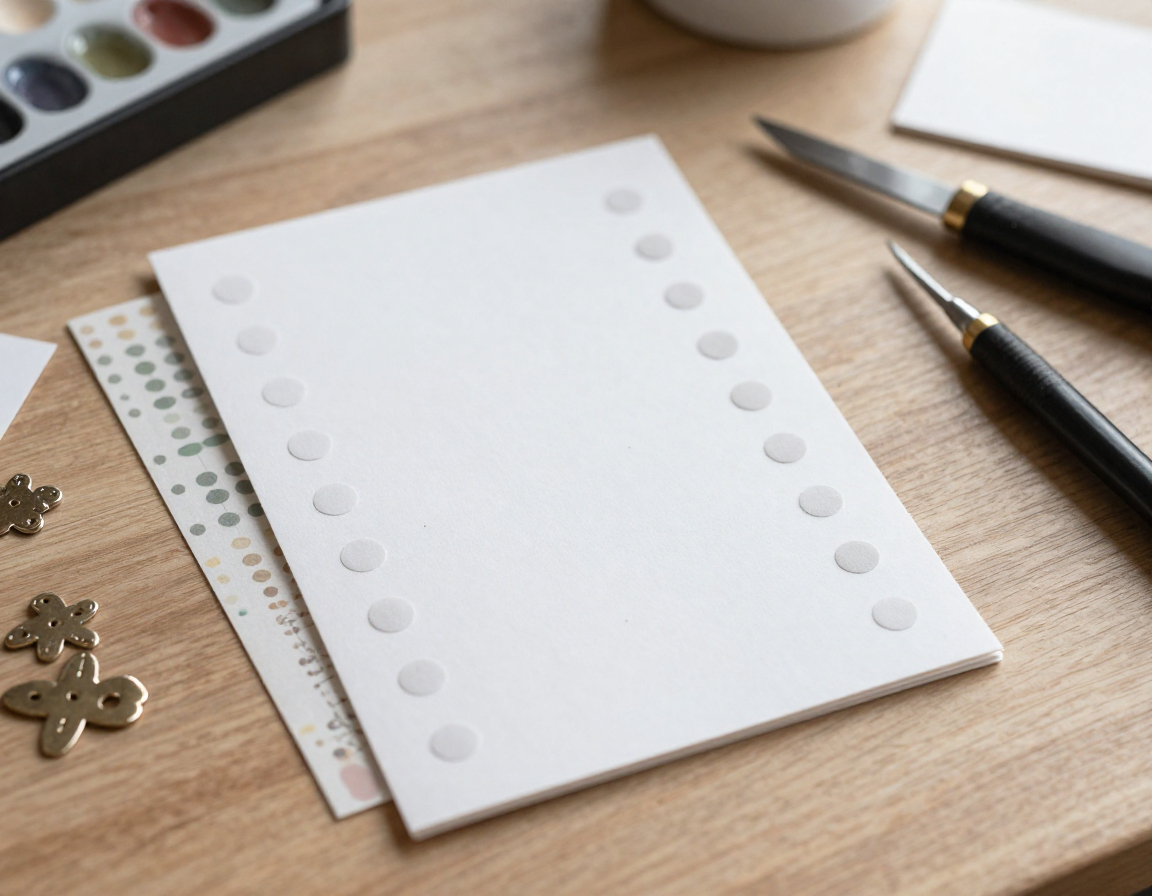 Handmade card crafting workspace with paper and tools